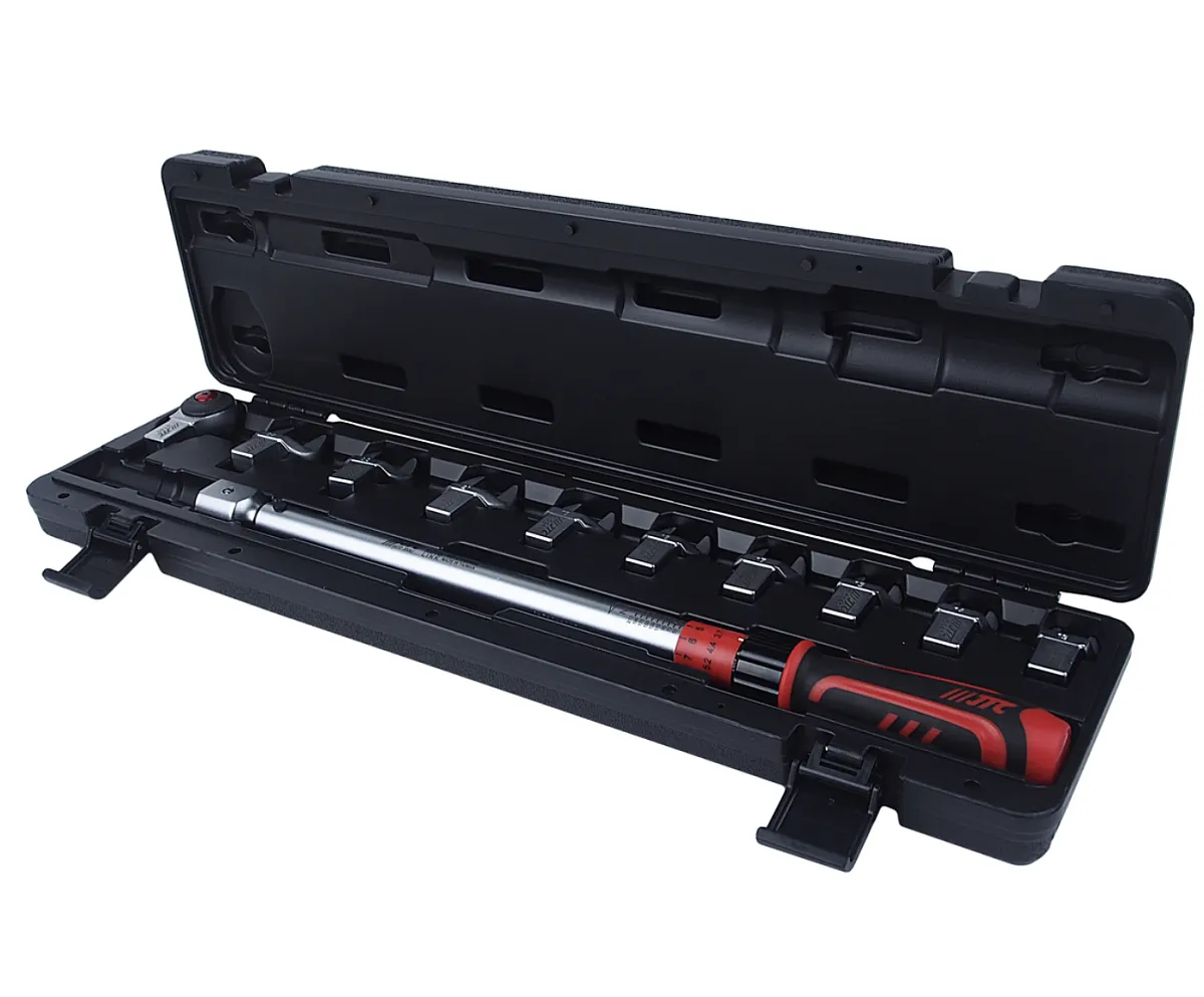 Ключ динамометрический 14х18 усилие затяжки 40-210Nm, с набором рожковых насадок 11 пр. (13-30мм) JT