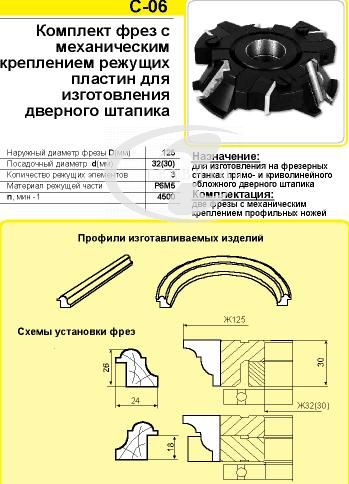 К-т фрез Ферро С-06 с мех. креплением режущих пластин для изготовления дверного штапика 125/32